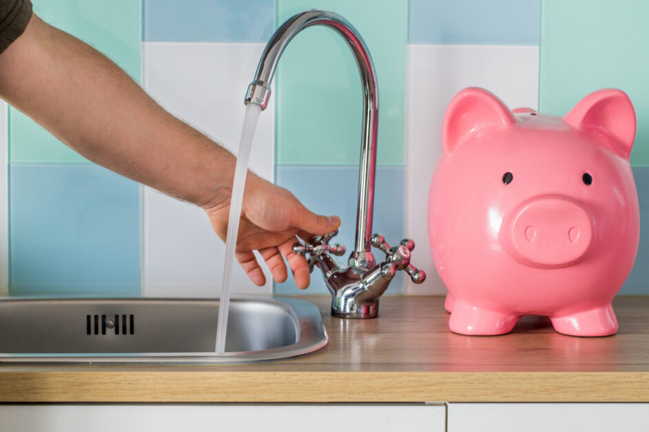 flowing tap water and a piggy bank