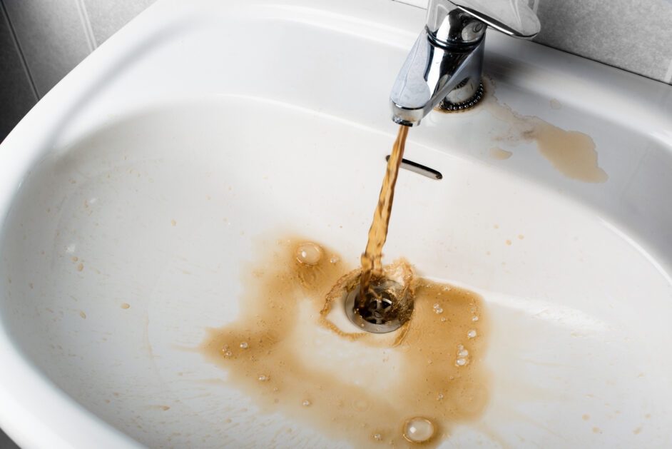 dirty brown water running into a sink